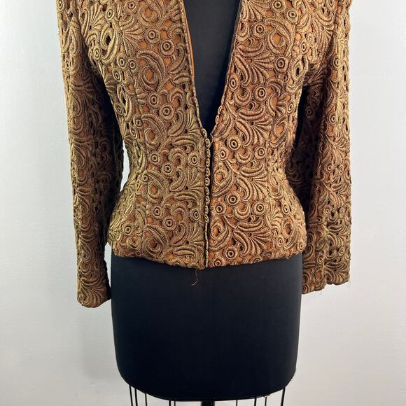VTG Frank Fiore Brown Jacket Floral Embroidered Plunge Victorian Cocktail S/M - Picture 3 of 8